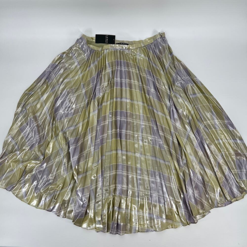 Lauren Ralph Lauren Checked Plaid Pleated Georgette Skirt 12 Green Metallic NEW - Picture 5 of 11